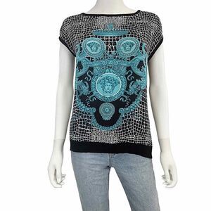 VERSACE Women's Black and Blue Graphic Medusa Silk Top Size Small